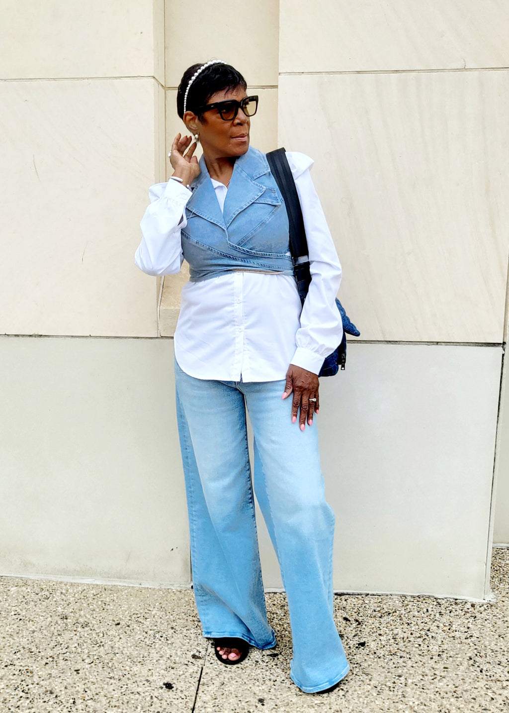 Puff Shoulder Shirt and Wrap Denim Crop Top Set