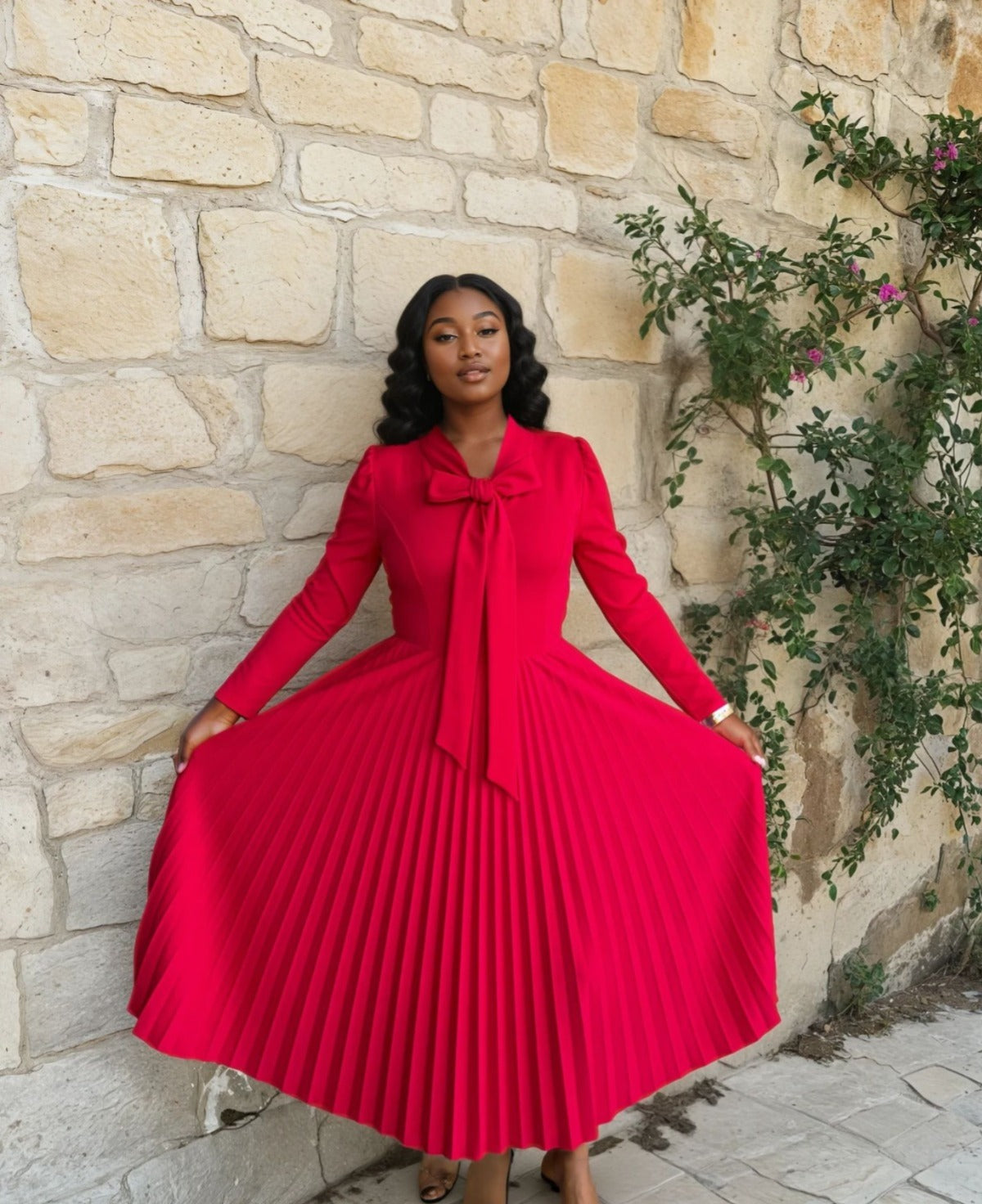 Red Pleated A-line Dress