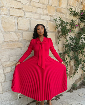 Red Pleated A-line Dress