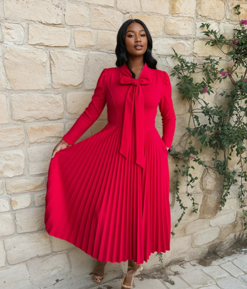 Red Pleated A-line Dress